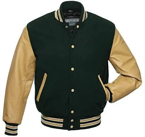 Warrior Gears Classic Hybrid Varsity Jacket for Kids, Toddler Letterman Bomber Jacket for Boys, Unisex Varsity Jacket Girls, Forest Green Pure Wool Body & Tan Cowhide Leather Sleeves