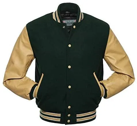 Warrior Gears Classic Hybrid Varsity Jacket for Kids, Toddler Letterman Bomber Jacket for Boys, Unisex Varsity Jacket Girls, Forest Green Pure Wool Body & Tan Cowhide Leather Sleeves