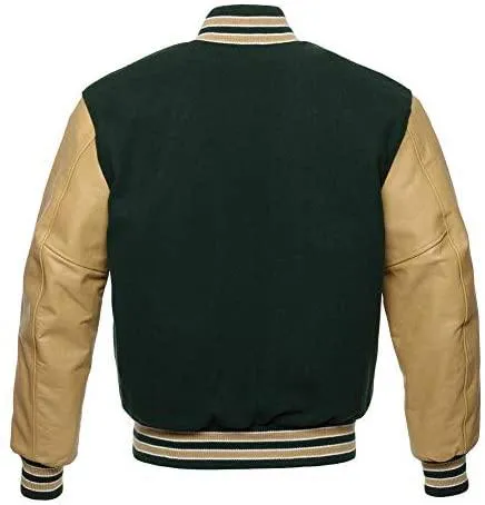 Warrior Gears Classic Hybrid Varsity Jacket for Kids, Toddler Letterman Bomber Jacket for Boys, Unisex Varsity Jacket Girls, Forest Green Pure Wool Body & Tan Cowhide Leather Sleeves