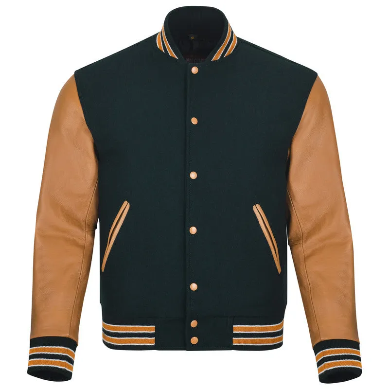 Warrior Gears Classic Hybrid Varsity Jacket for Kids, Toddler Letterman Bomber Jacket for Boys, Unisex Varsity Jacket Girls, Green Pure Wool Body & Gold Cowhide Leather Sleeves