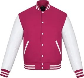 Warrior Gears Classic Hybrid Varsity Jacket for Kids, Toddler Letterman Bomber Jacket for Boys, Unisex Varsity Jacket Girls, Hot Pink Pure Wool Body & White Cowhide Leather Sleeves