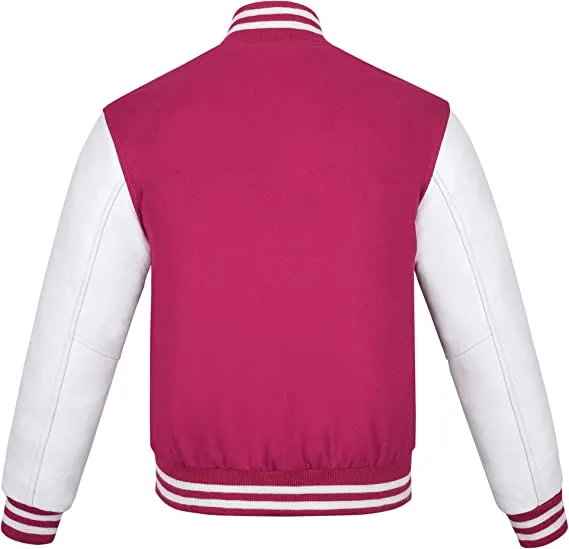 Warrior Gears Classic Hybrid Varsity Jacket for Kids, Toddler Letterman Bomber Jacket for Boys, Unisex Varsity Jacket Girls, Hot Pink Pure Wool Body & White Cowhide Leather Sleeves