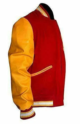 Warrior Gears Classic Hybrid Varsity Jacket for Kids, Toddler Letterman Bomber Jacket for Boys, Unisex Varsity Jacket Girls, M Logo Red Wool Letterman Varsity Yellow Leather Sleeves Jacket