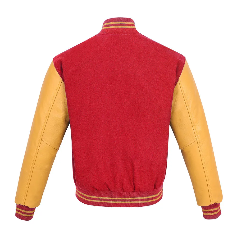 Warrior Gears Classic Hybrid Varsity Jacket for Kids, Toddler Letterman Bomber Jacket for Boys, Unisex Varsity Jacket Girls, Red Pure Wool Body & Gold Cowhide Leather Sleeves