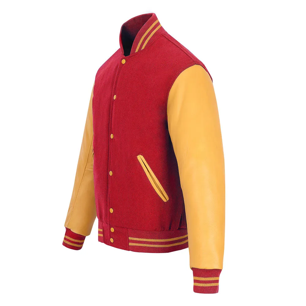 Warrior Gears Classic Hybrid Varsity Jacket for Kids, Toddler Letterman Bomber Jacket for Boys, Unisex Varsity Jacket Girls, Red Pure Wool Body & Gold Cowhide Leather Sleeves