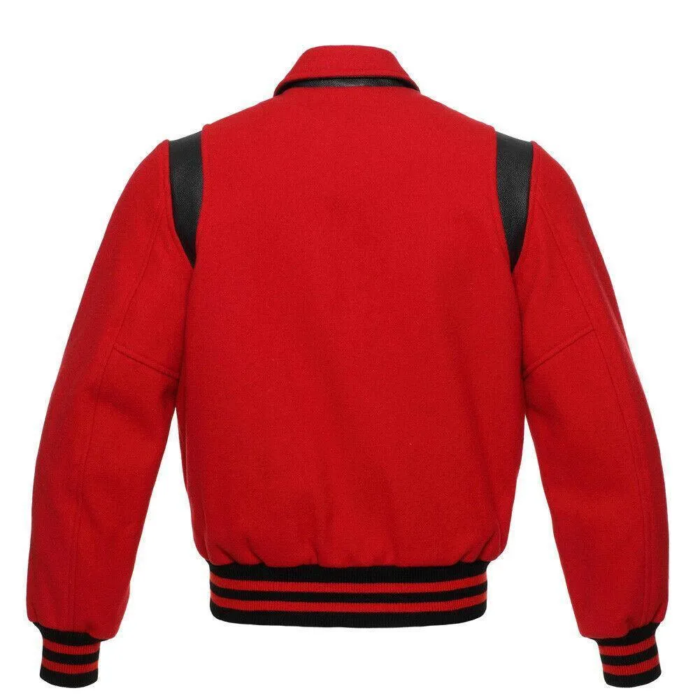 Warrior Gears Classic Hybrid Varsity Jacket for Kids, Toddler Letterman Bomber Jacket for Boys, Unisex Varsity   Jacket Girls, Red Wool Body & Red Sleeves with Collar & Black Trim