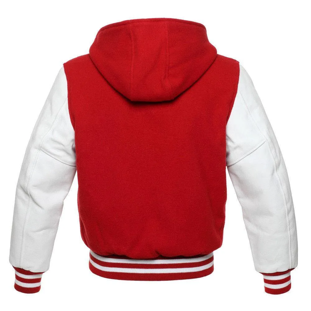 Warrior Gears Classic Hybrid Varsity Jacket for Kids, Toddler Letterman Bomber Jacket for Boys, Unisex Varsity   Jacket Girls, Red Wool Body & White Cowhide Leather Sleeves with Hood