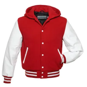 Warrior Gears Classic Hybrid Varsity Jacket for Kids, Toddler Letterman Bomber Jacket for Boys, Unisex Varsity   Jacket Girls, Red Wool Body & White Cowhide Leather Sleeves with Hood