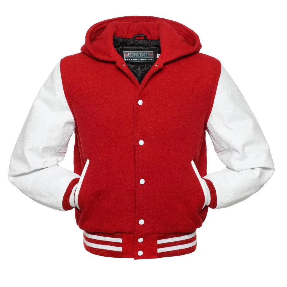 Warrior Gears Classic Hybrid Varsity Jacket for Kids, Toddler Letterman Bomber Jacket for Boys, Unisex Varsity   Jacket Girls, Red Wool Body & White Cowhide Leather Sleeves with Hood