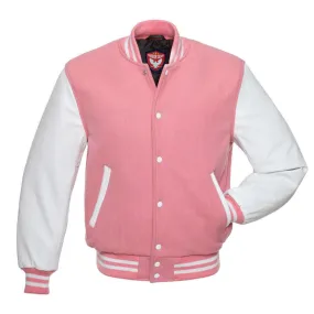 Warrior Gears Classic Hybrid Varsity Jacket University Letterman Bomber Jacket, Pure Wool & Original Cowhide Leather Jacket, Baby Pink Pure Wool Body & White Real Leather Sleeves