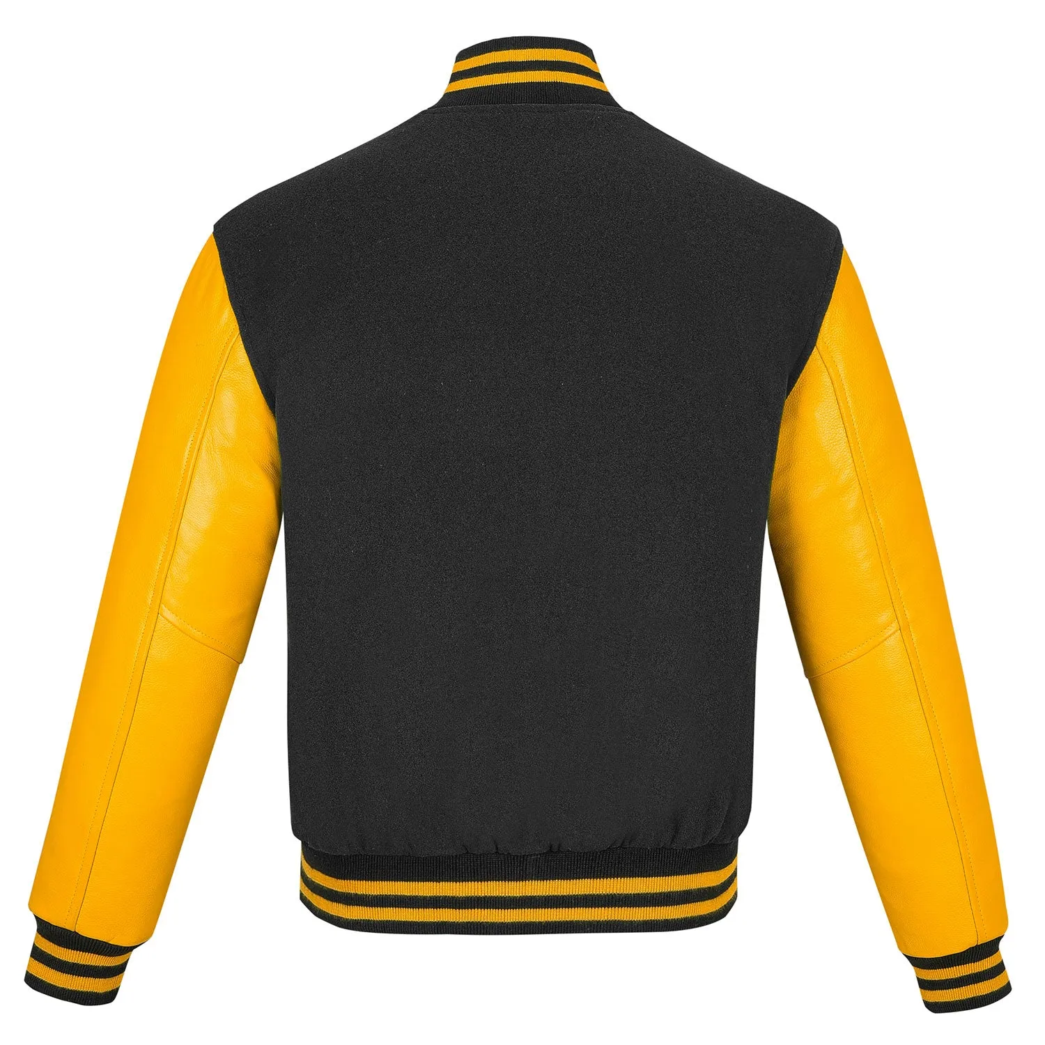 Warrior Gears Classic Hybrid Varsity Jacket University Letterman Bomber Jacket, Pure Wool & Original Cowhide Leather Jacket, Black Pure Wool Body & Gold Real Leather Sleeves