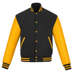 Warrior Gears Classic Hybrid Varsity Jacket University Letterman Bomber Jacket, Pure Wool & Original Cowhide Leather Jacket, Black Pure Wool Body & Gold Real Leather Sleeves