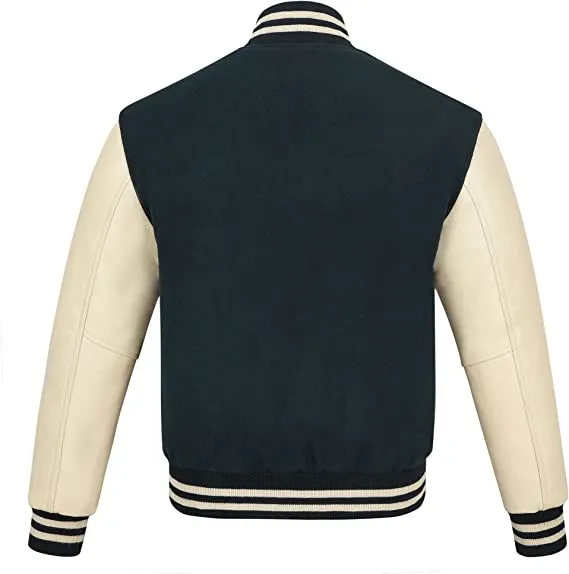 Warrior Gears Classic Hybrid Varsity Jacket University Letterman Bomber Jacket, Pure Wool & Original Cowhide Leather Jacket, Forest Green Pure Wool Body & Cream Real Leather Sleeves