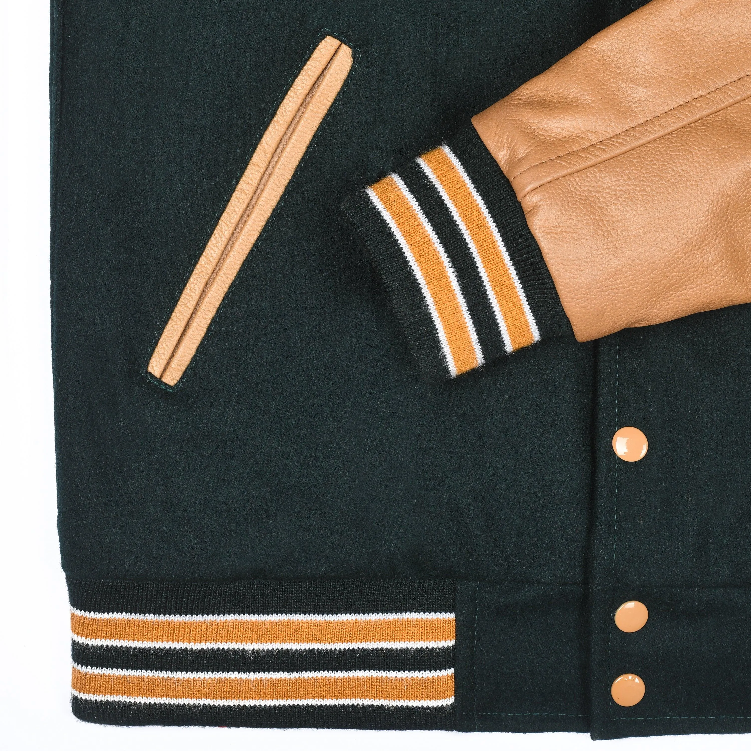 Warrior Gears Classic Hybrid Varsity Jacket University Letterman Bomber Jacket, Pure Wool & Original Cowhide Leather Jacket, Green Pure Wool Body & Gold Real Leather Sleeves