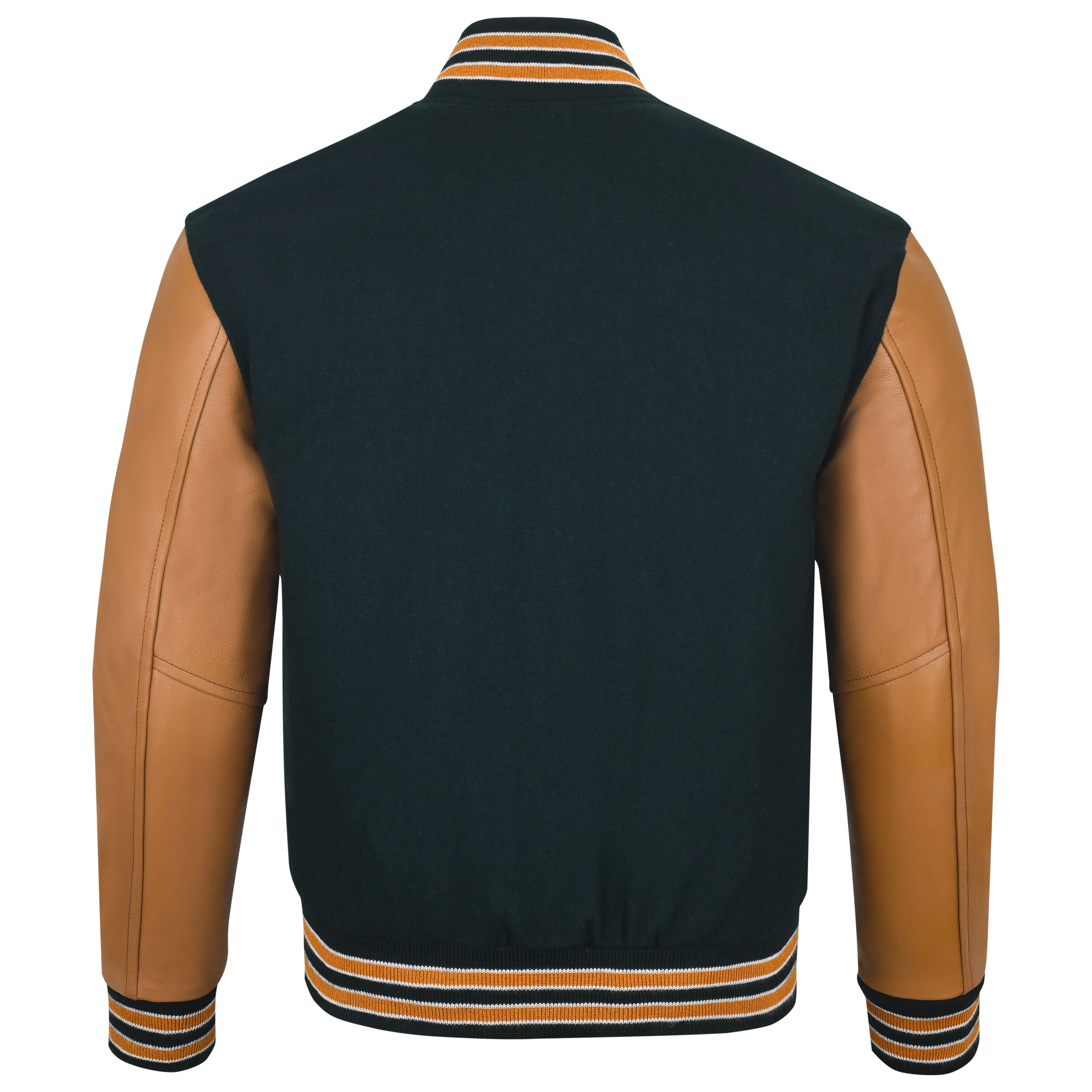 Warrior Gears Classic Hybrid Varsity Jacket University Letterman Bomber Jacket, Pure Wool & Original Cowhide Leather Jacket, Green Pure Wool Body & Gold Real Leather Sleeves