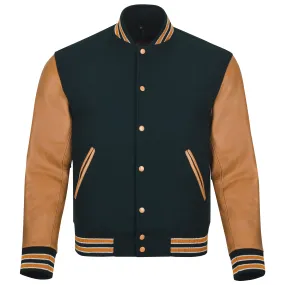 Warrior Gears Classic Hybrid Varsity Jacket University Letterman Bomber Jacket, Pure Wool & Original Cowhide Leather Jacket, Green Pure Wool Body & Gold Real Leather Sleeves