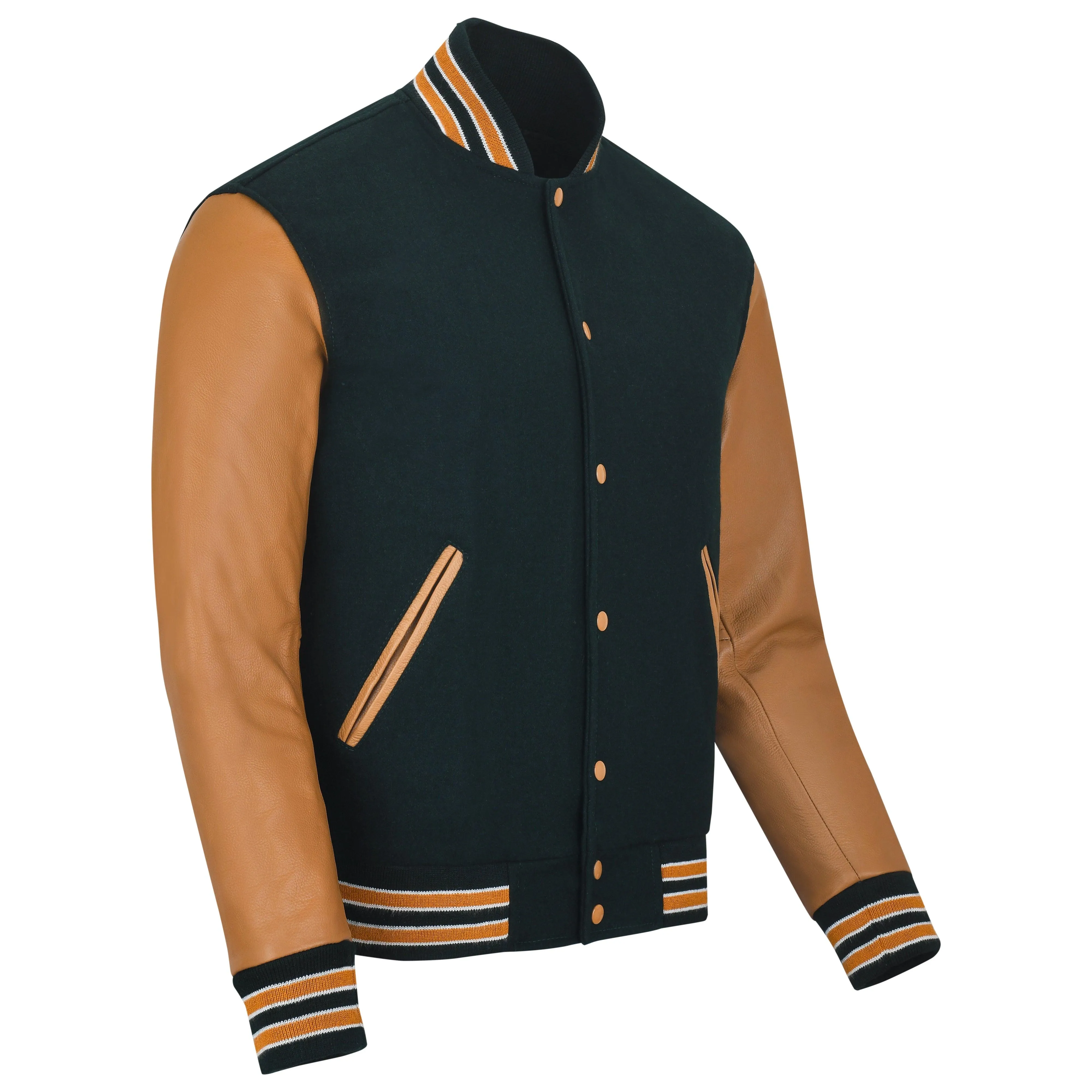 Warrior Gears Classic Hybrid Varsity Jacket University Letterman Bomber Jacket, Pure Wool & Original Cowhide Leather Jacket, Green Pure Wool Body & Gold Real Leather Sleeves