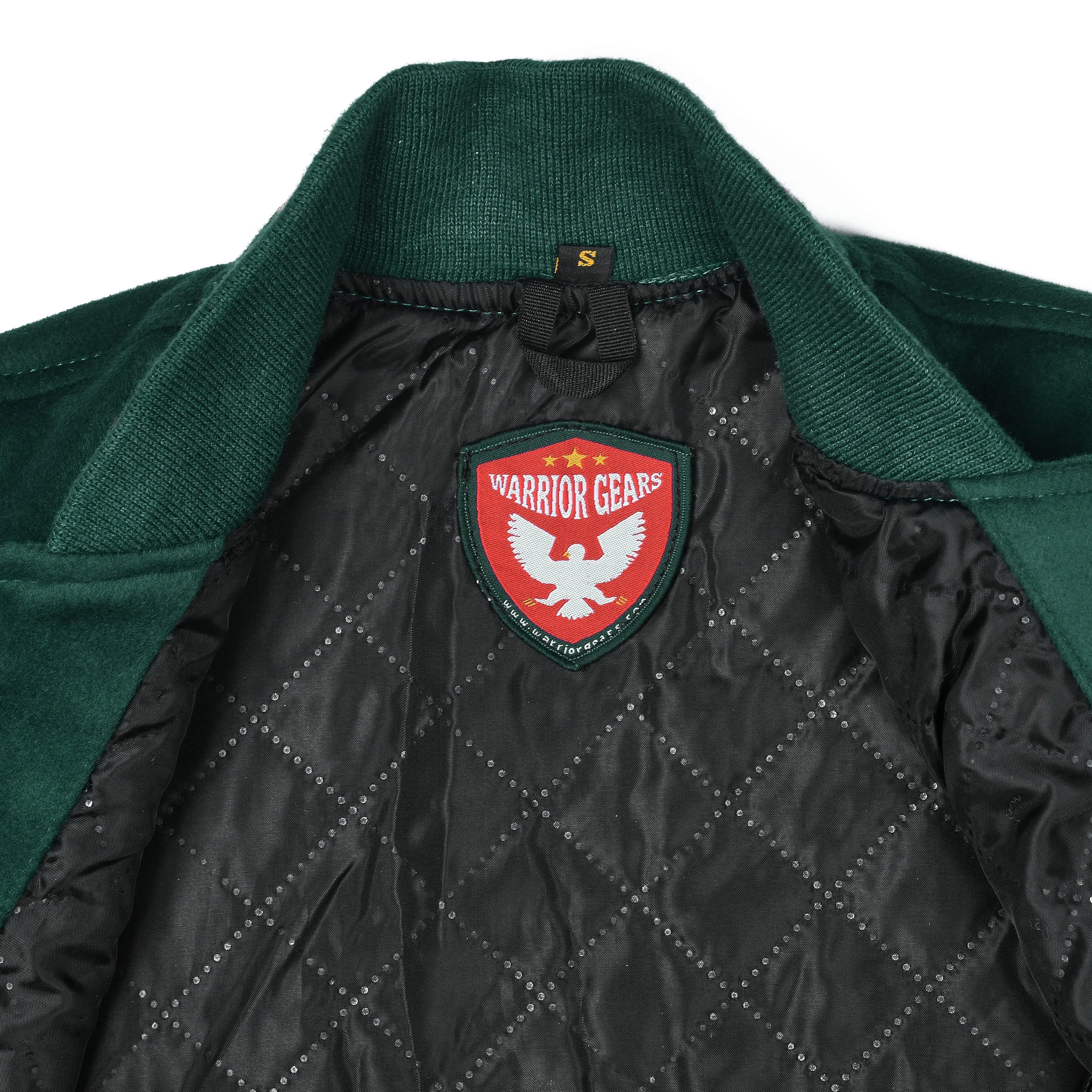 Warrior Gears Classic Hybrid Varsity Jacket University Letterman Bomber Jacket, Pure Wool & Original Cowhide Leather Jacket, Green Pure Wool Body & Goldish Yellow Real Leather Sleeves