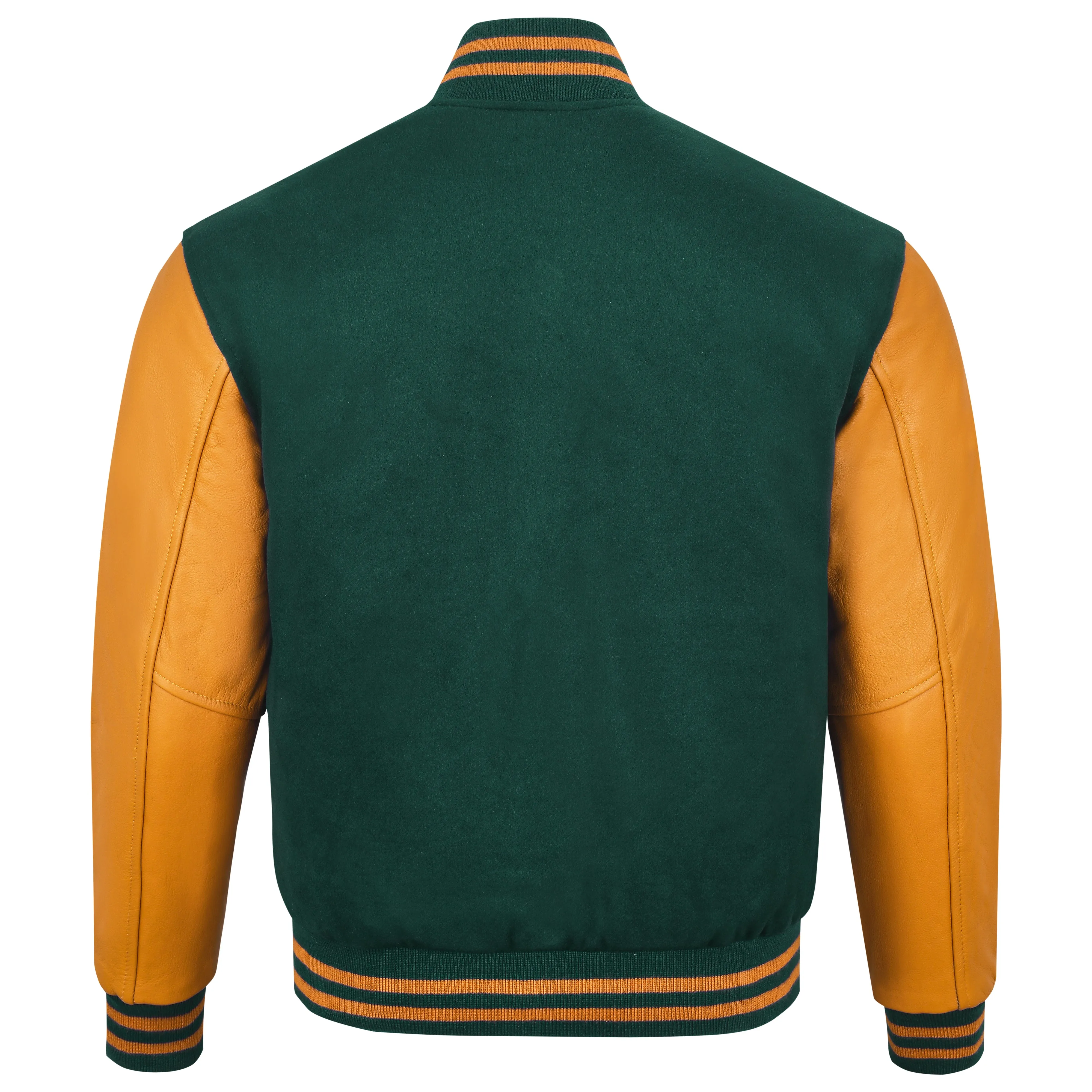 Warrior Gears Classic Hybrid Varsity Jacket University Letterman Bomber Jacket, Pure Wool & Original Cowhide Leather Jacket, Green Pure Wool Body & Goldish Yellow Real Leather Sleeves