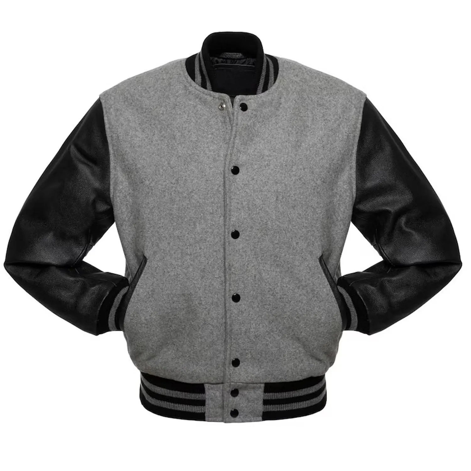 Warrior Gears Classic Hybrid Varsity Jacket University Letterman Bomber Jacket, Pure Wool & Original Cowhide Leather Jacket, Light Grey Wool body and Black Leather Sleeves