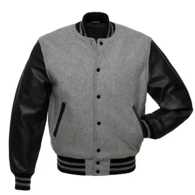 Warrior Gears Classic Hybrid Varsity Jacket University Letterman Bomber Jacket, Pure Wool & Original Cowhide Leather Jacket, Light Grey Wool body and Black Leather Sleeves