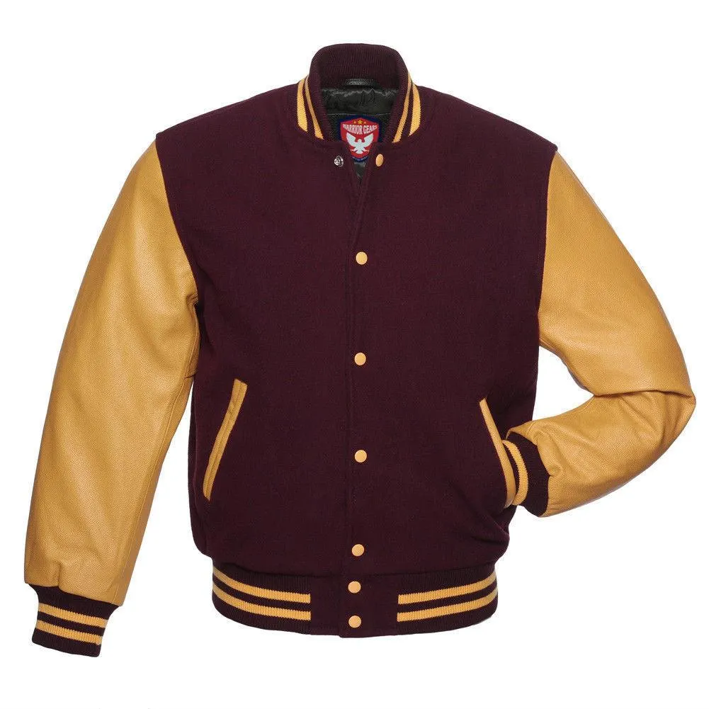 Warrior Gears Classic Hybrid Varsity Jacket University Letterman Bomber Jacket, Pure Wool & Original Cowhide Leather Jacket, Maroon Pure Wool Body & Gold Real Leather Sleeves