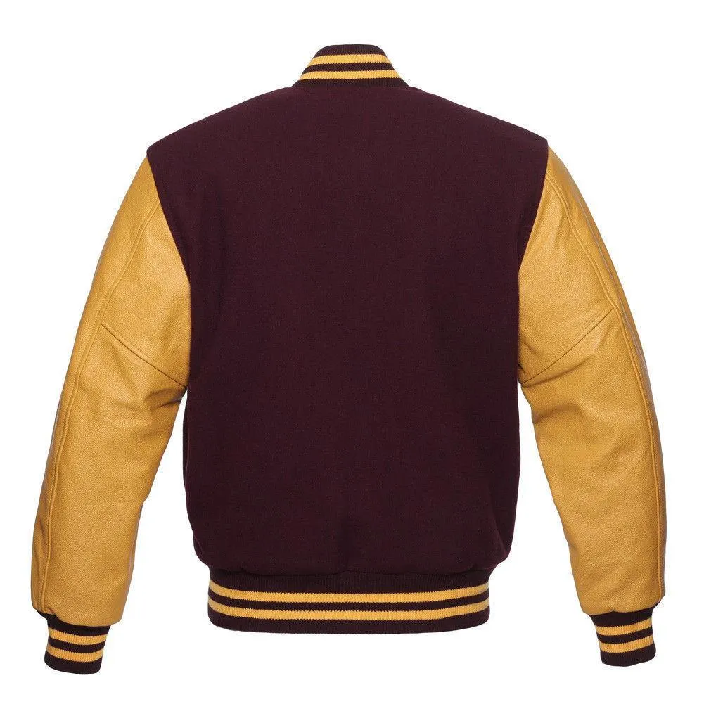 Warrior Gears Classic Hybrid Varsity Jacket University Letterman Bomber Jacket, Pure Wool & Original Cowhide Leather Jacket, Maroon Pure Wool Body & Gold Real Leather Sleeves