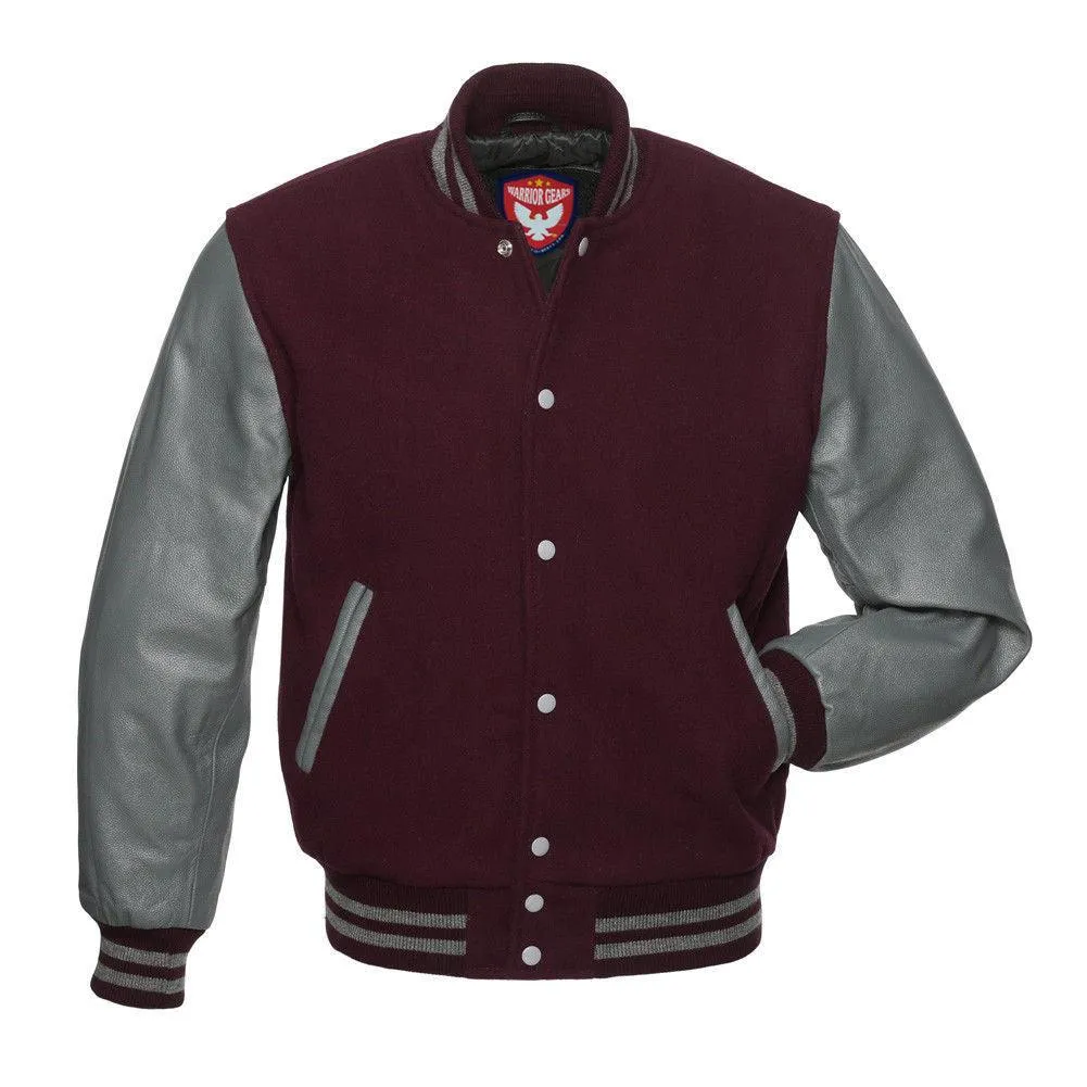 Warrior Gears Classic Hybrid Varsity Jacket University Letterman Bomber Jacket, Pure Wool & Original Cowhide Leather Jacket, Maroon Wool Body & Grey Leather Sleeves