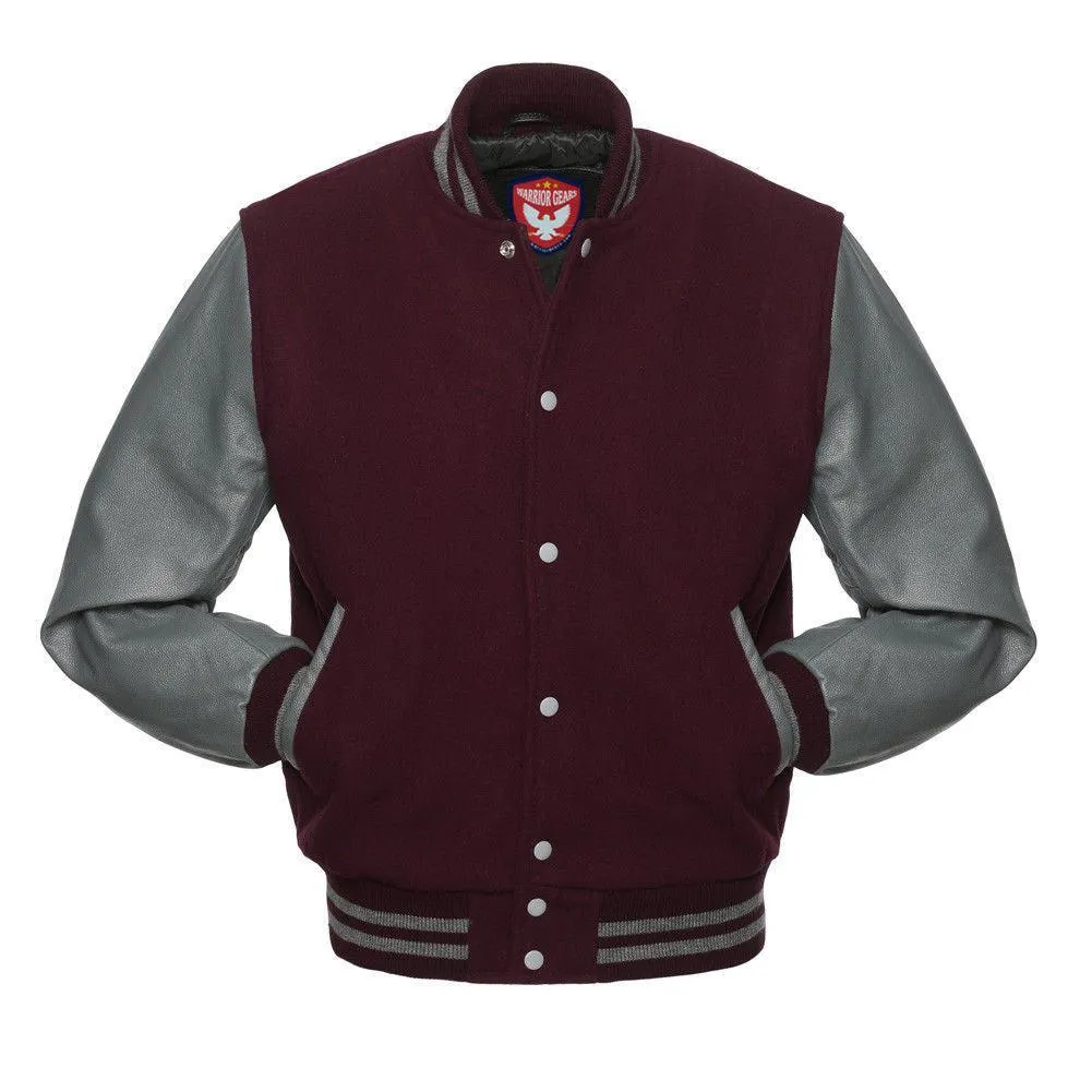 Warrior Gears Classic Hybrid Varsity Jacket University Letterman Bomber Jacket, Pure Wool & Original Cowhide Leather Jacket, Maroon Wool Body & Grey Leather Sleeves