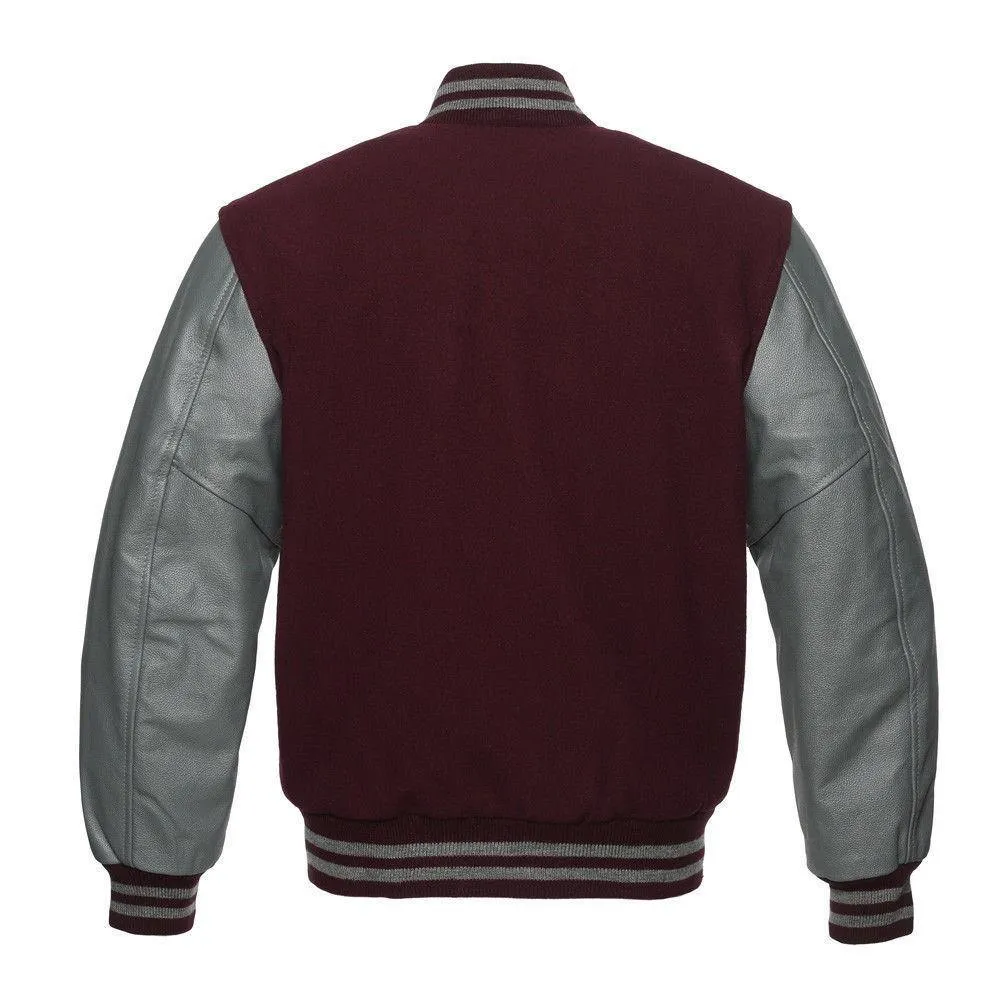 Warrior Gears Classic Hybrid Varsity Jacket University Letterman Bomber Jacket, Pure Wool & Original Cowhide Leather Jacket, Maroon Wool Body & Grey Leather Sleeves