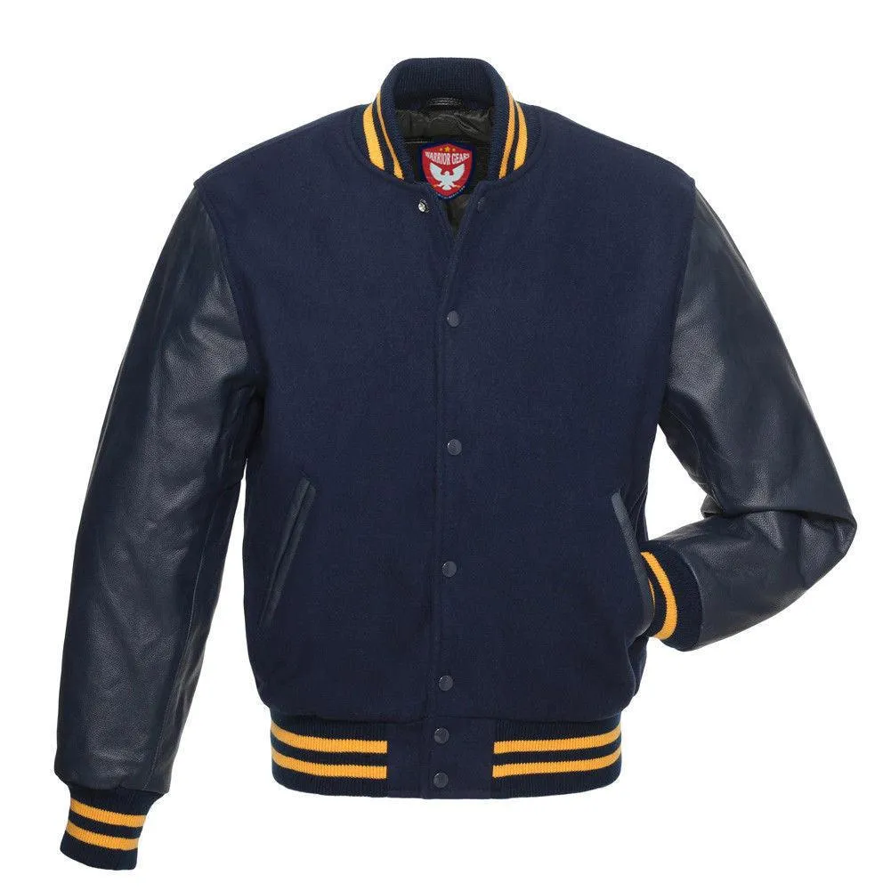 Warrior Gears Classic Hybrid Varsity Jacket University Letterman Bomber Jacket, Pure Wool & Original Cowhide Leather Jacket, Navy Blue Pure Wool Body & Navy Real Leather Sleeves