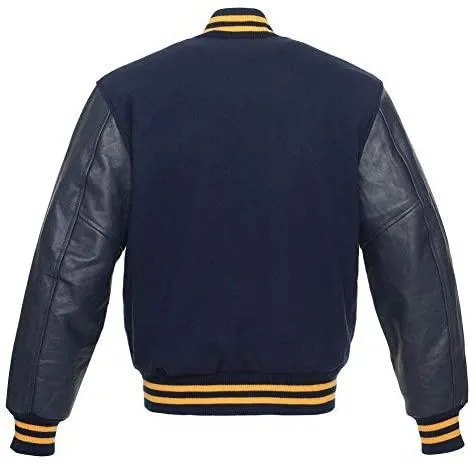 Warrior Gears Classic Hybrid Varsity Jacket University Letterman Bomber Jacket, Pure Wool & Original Cowhide Leather Jacket, Navy Blue Pure Wool Body & Navy Real Leather Sleeves