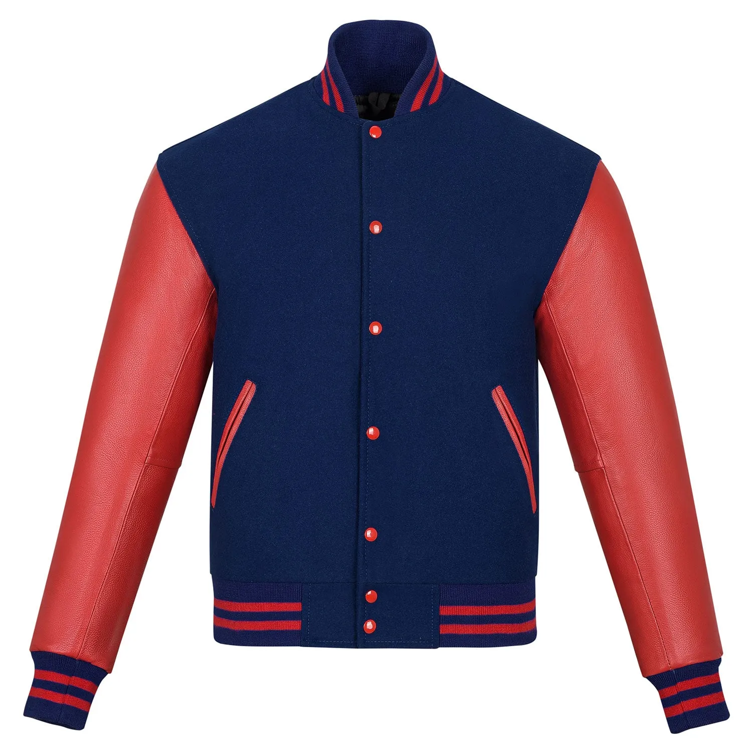 Warrior Gears Classic Hybrid Varsity Jacket University Letterman Bomber Jacket, Pure Wool & Original Cowhide Leather Jacket, Navy Blue Pure Wool Body & Red Real Leather Sleeves