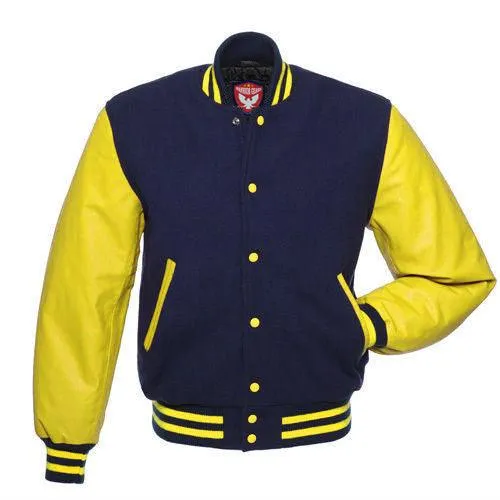 Warrior Gears Classic Hybrid Varsity Jacket University Letterman Bomber Jacket, Pure Wool & Original Cowhide Leather Jacket, Navy Blue Pure Wool Body & Yellow Real Leather Sleeves