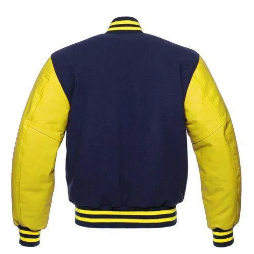 Warrior Gears Classic Hybrid Varsity Jacket University Letterman Bomber Jacket, Pure Wool & Original Cowhide Leather Jacket, Navy Blue Pure Wool Body & Yellow Real Leather Sleeves