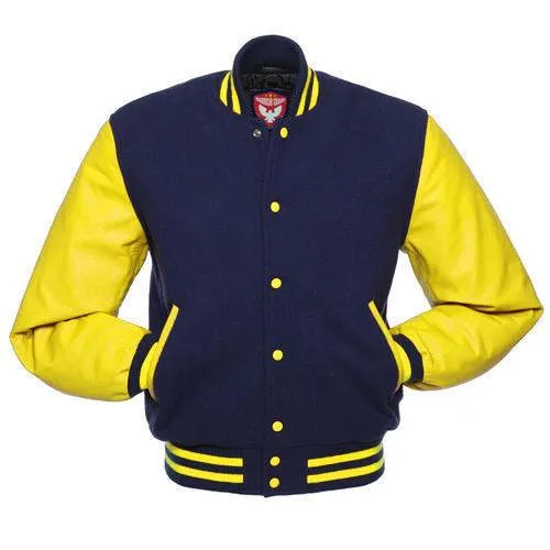 Warrior Gears Classic Hybrid Varsity Jacket University Letterman Bomber Jacket, Pure Wool & Original Cowhide Leather Jacket, Navy Blue Pure Wool Body & Yellow Real Leather Sleeves