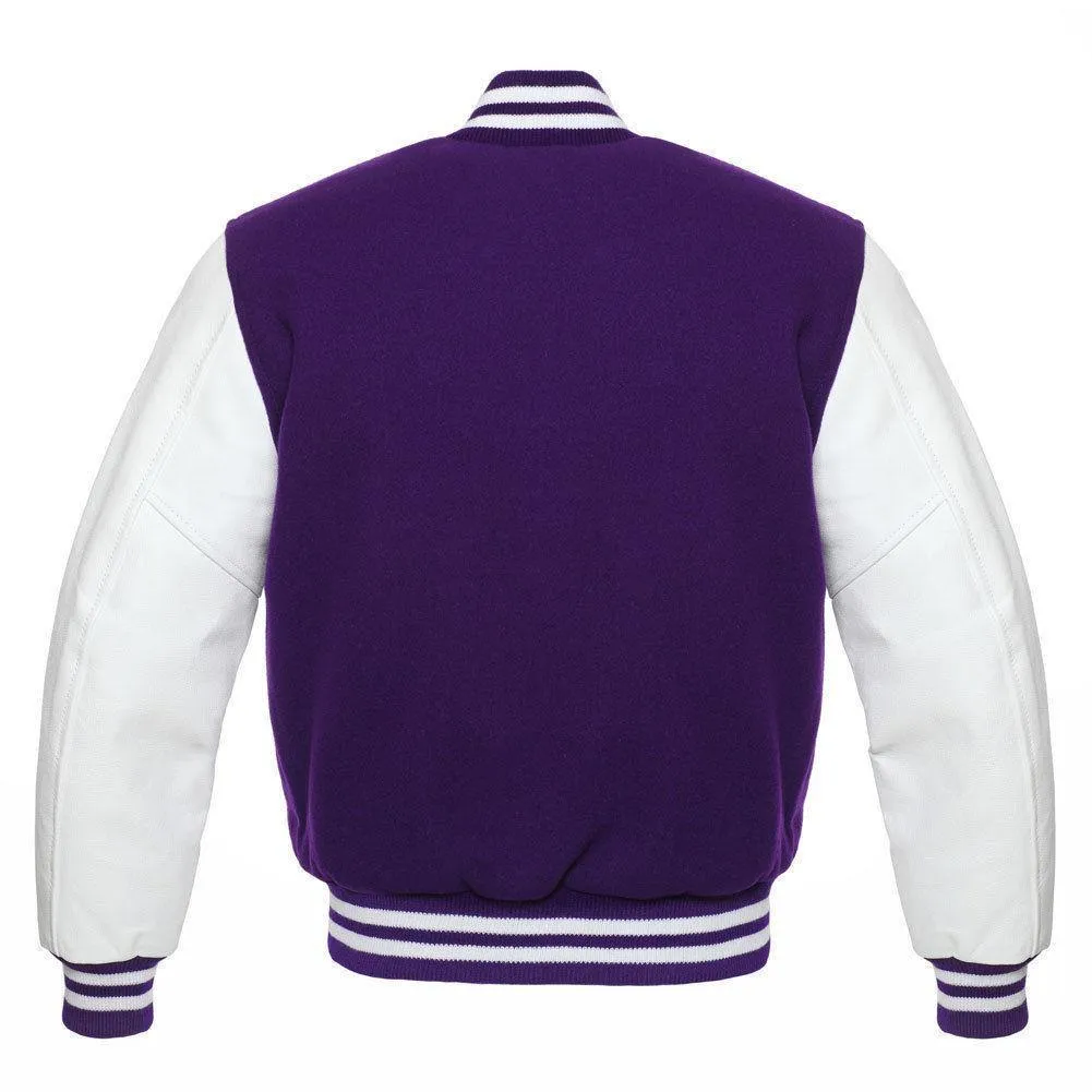 Warrior Gears Classic Hybrid Varsity Jacket University Letterman Bomber Jacket, Pure Wool & Original Cowhide Leather Jacket, Purple Pure Wool Body & White Real Leather Sleeves