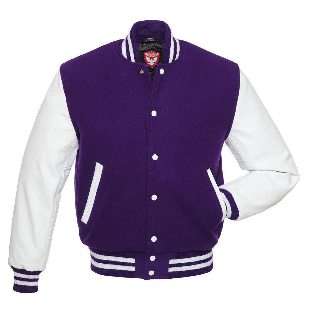 Warrior Gears Classic Hybrid Varsity Jacket University Letterman Bomber Jacket, Pure Wool & Original Cowhide Leather Jacket, Purple Pure Wool Body & White Real Leather Sleeves