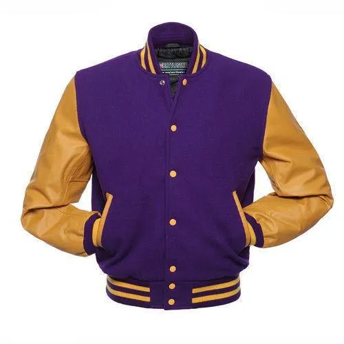 Warrior Gears Classic Hybrid Varsity Jacket University Letterman Bomber Jacket, Pure Wool & Original Cowhide Leather Jacket, Purple Wool Body & Gold Real Leather Sleeves