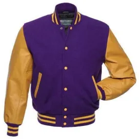 Warrior Gears Classic Hybrid Varsity Jacket University Letterman Bomber Jacket, Pure Wool & Original Cowhide Leather Jacket, Purple Wool Body & Gold Real Leather Sleeves