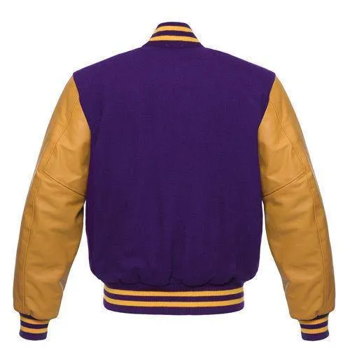 Warrior Gears Classic Hybrid Varsity Jacket University Letterman Bomber Jacket, Pure Wool & Original Cowhide Leather Jacket, Purple Wool Body & Gold Real Leather Sleeves