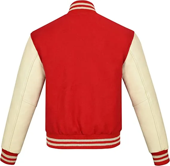 Warrior Gears Classic Hybrid Varsity Jacket University Letterman Bomber Jacket, Pure Wool & Original Cowhide Leather Jacket, Red Pure Wool Body & Cream Real Leather Sleeves