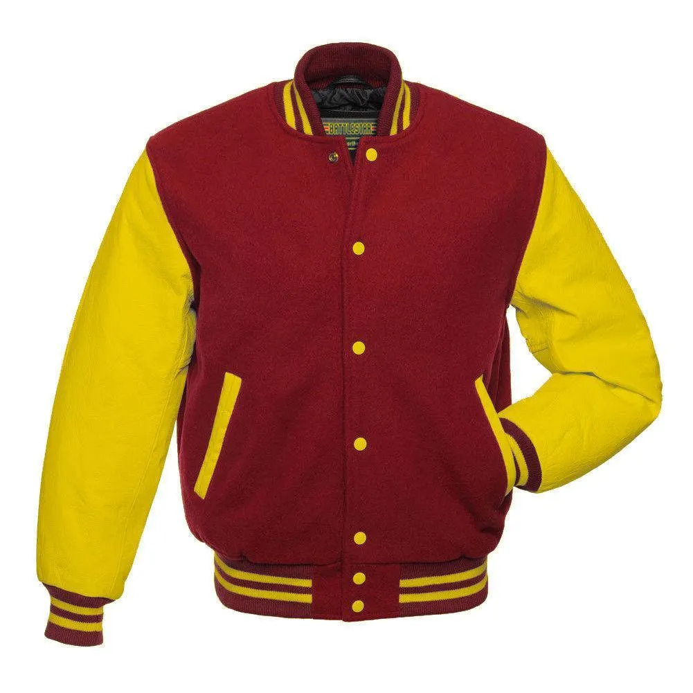 Warrior Gears Classic Hybrid Varsity Jacket University Letterman Bomber Jacket, Pure Wool & Original Cowhide Leather Jacket, Red Wool Body & Yellow Leather Sleeves