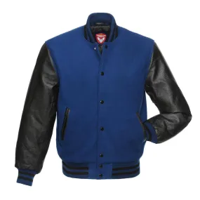 Warrior Gears Classic Hybrid Varsity Jacket University Letterman Bomber Jacket, Pure Wool & Original Cowhide Leather Jacket, Royal Blue Pure Wool Body & Black Real Leather Sleeves