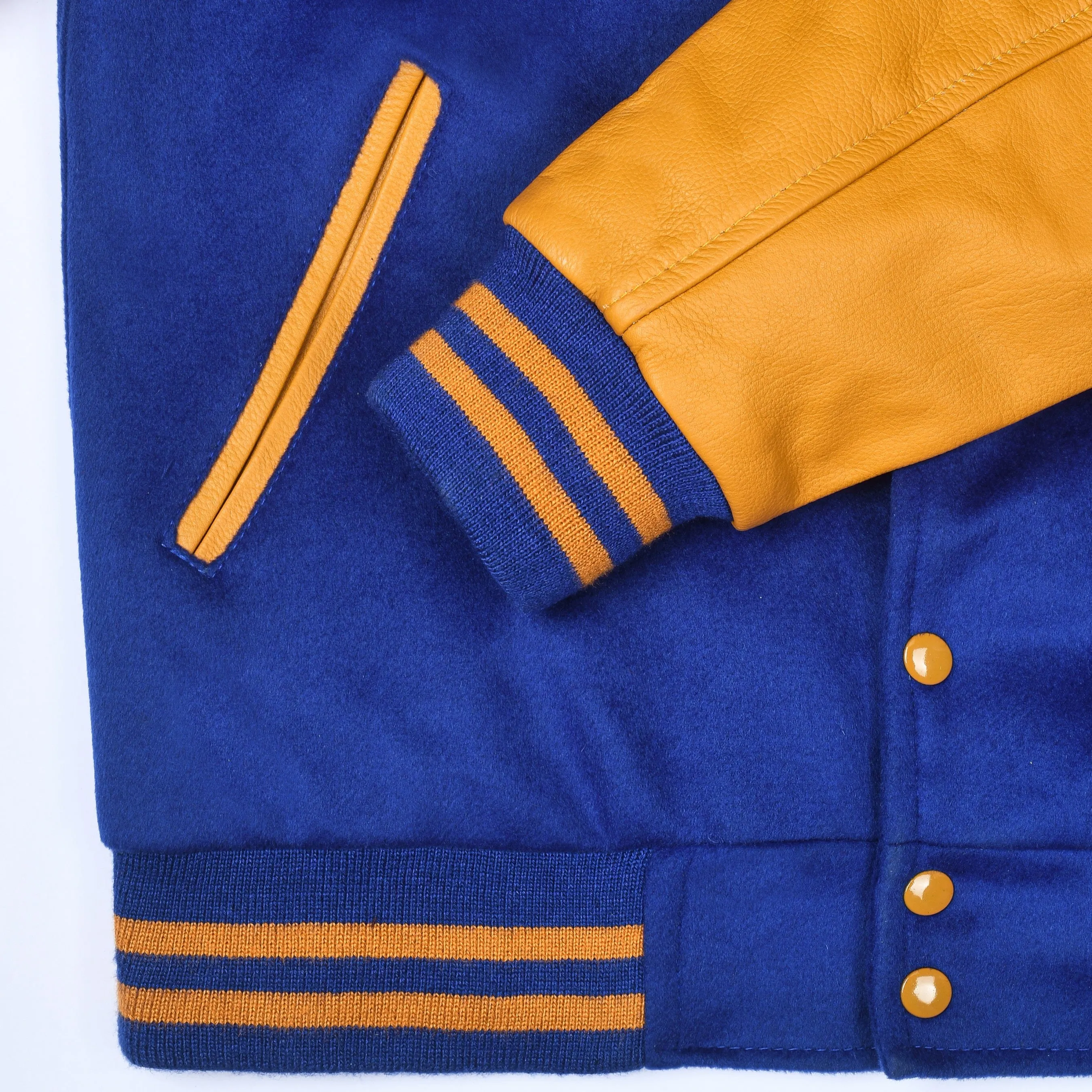 Warrior Gears Classic Hybrid Varsity Jacket University Letterman Bomber Jacket, Pure Wool & Original Cowhide Leather Jacket, Royal Blue Pure Wool Body & Gold Real Leather Sleeves