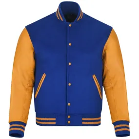 Warrior Gears Classic Hybrid Varsity Jacket University Letterman Bomber Jacket, Pure Wool & Original Cowhide Leather Jacket, Royal Blue Pure Wool Body & Gold Real Leather Sleeves