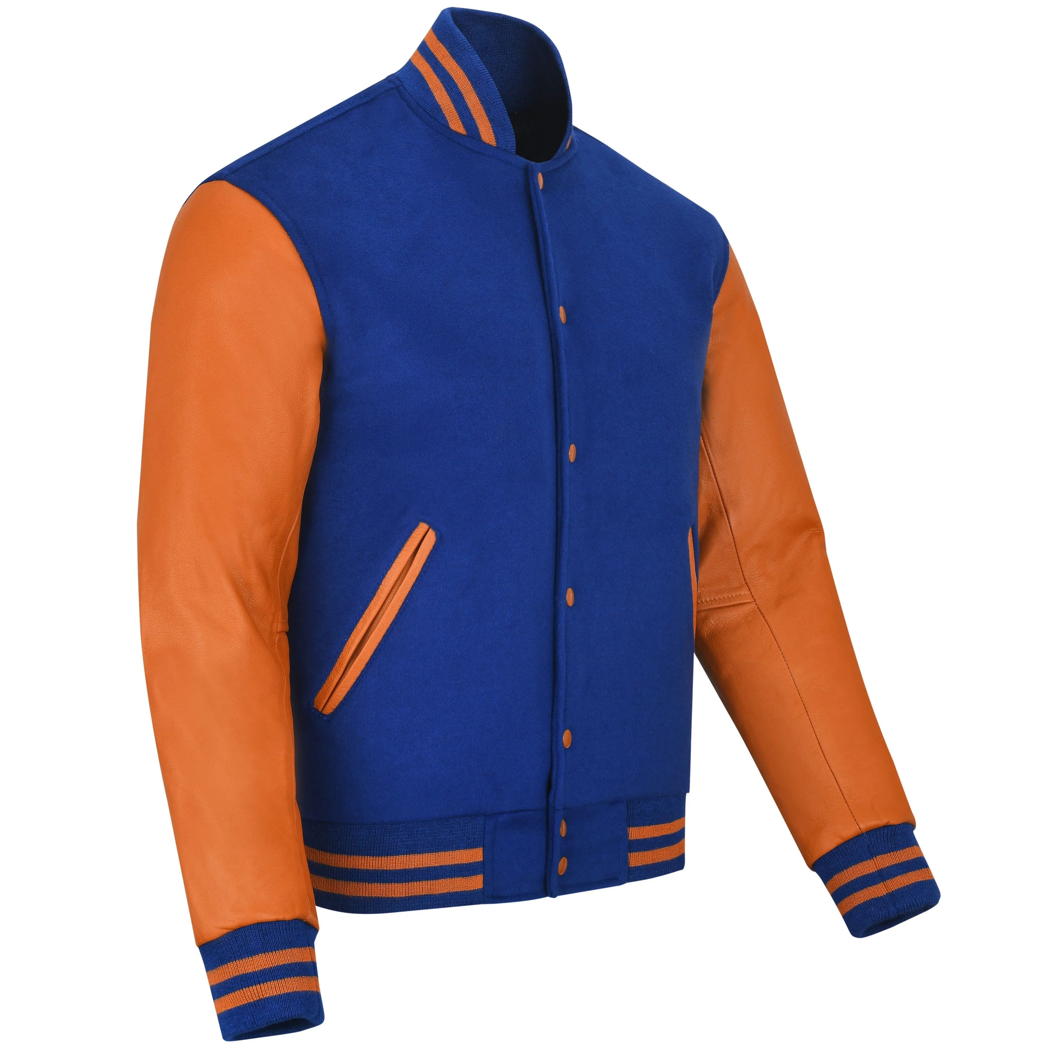 Warrior Gears Classic Hybrid Varsity Jacket University Letterman Bomber Jacket, Pure Wool & Original Cowhide Leather Jacket, Royal Blue Pure Wool Body & Orange Real Leather Sleeves