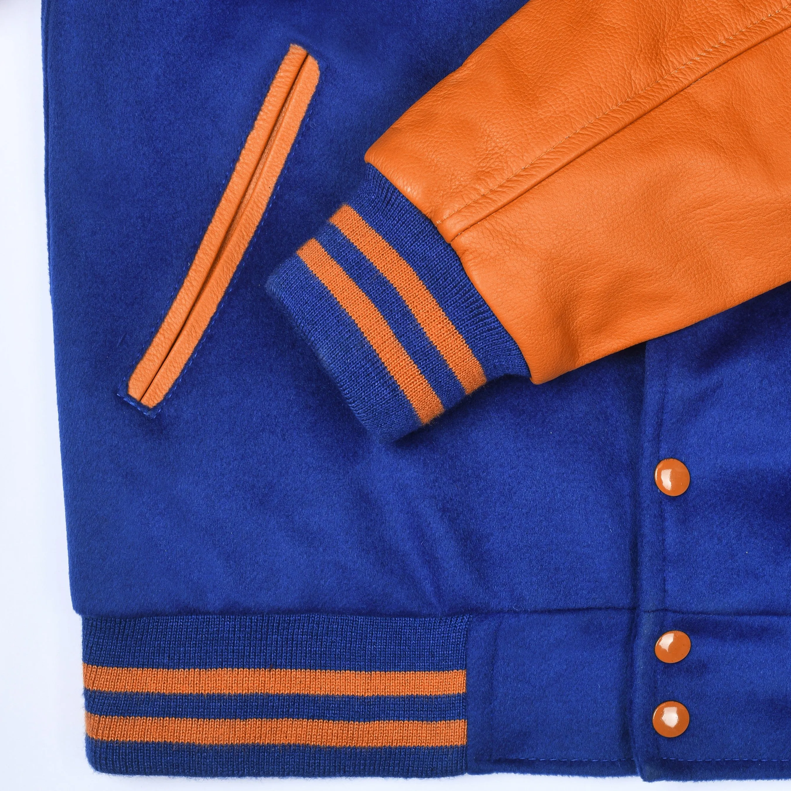 Warrior Gears Classic Hybrid Varsity Jacket University Letterman Bomber Jacket, Pure Wool & Original Cowhide Leather Jacket, Royal Blue Pure Wool Body & Orange Real Leather Sleeves