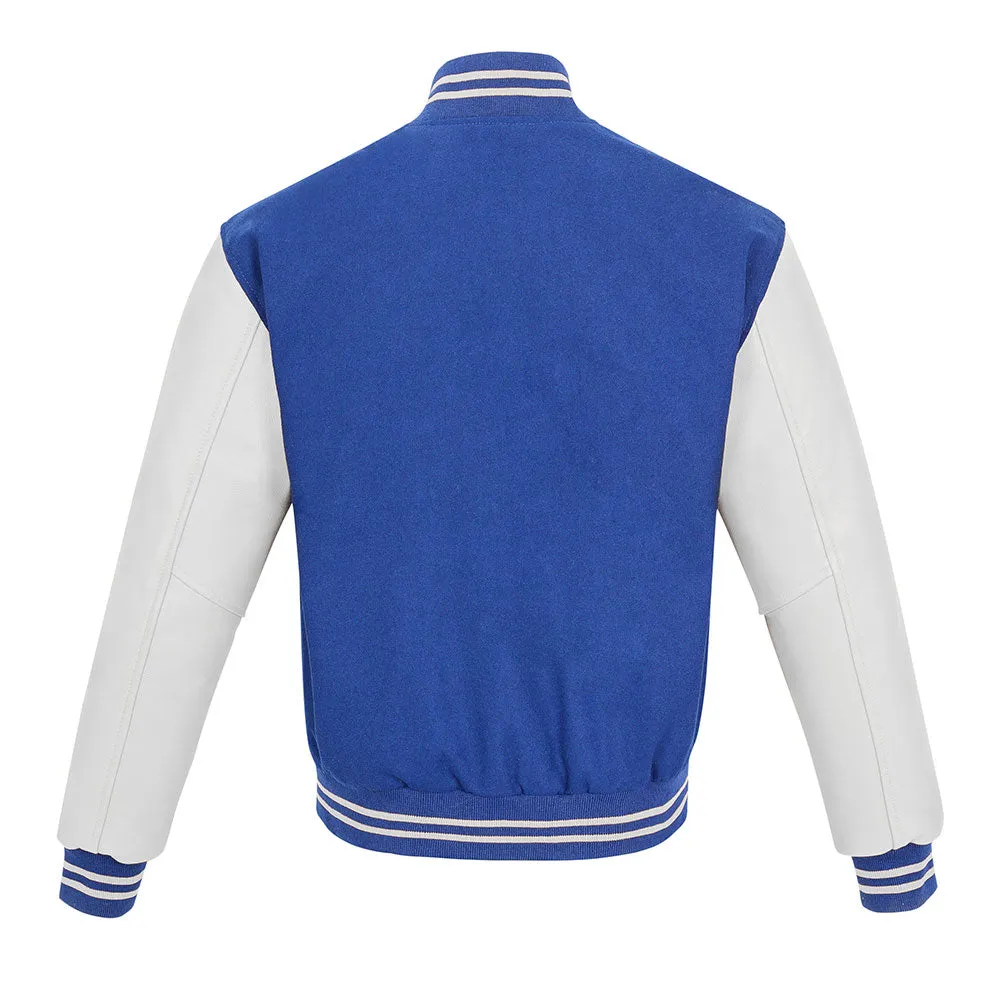 Warrior Gears Classic Hybrid Varsity Jacket University Letterman Bomber Jacket, Pure Wool & Original Cowhide Leather Jacket, Royal Blue Pure Wool Body & White Real Leather Sleeves