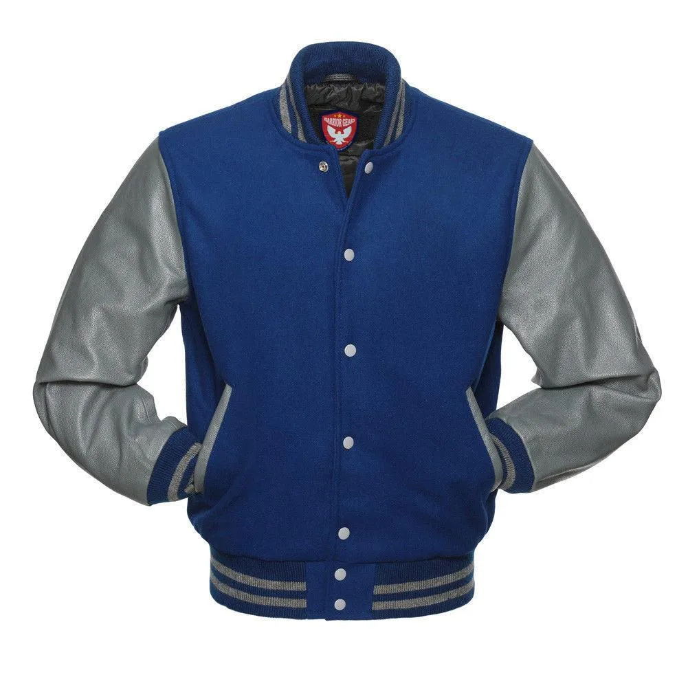 Warrior Gears Classic Hybrid Varsity Jacket University Letterman Bomber Jacket, Pure Wool & Original Cowhide Leather Jacket, Royal Blue Wool Body & Grey Leather Sleeves